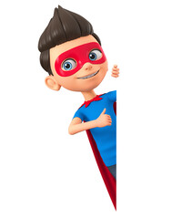 Cartoon character boy in super hero costume showing thumb up peeking out from behind an empty board. 3d render illustration.