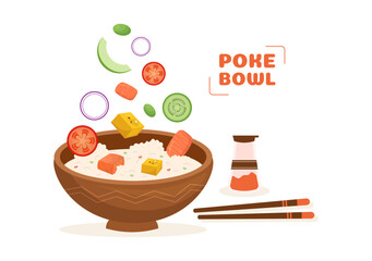 Hawaiian Dish Poke Bowl Food Template Hand Drawn Cartoon Flat Illustration with Rice, Tuna, Fresh Fish, Egg and Vegetables Design