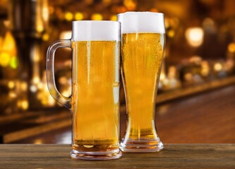Cold glasses of beer in a bar, drink concept