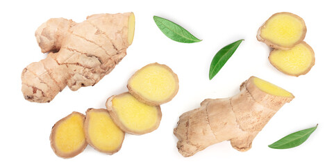 fresh Ginger root and slice isolated on white background. Top view. Flat lay