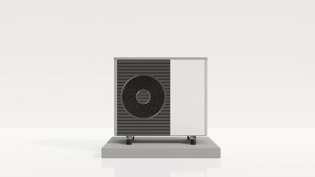 Air heat pump on white background. Modern, environmentally friendly heating. Save your money with air source heat pump. Free, copy space for your text, advertising. 3d animation.