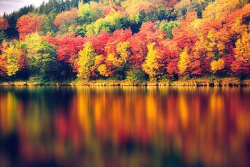 A beautiful autumn multicolored forest is reflected in the calm water of the lake. Autumn tranquil mood. Natural wallpaper. Peaceful scene.