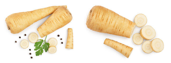 Parsnip root and slices with parsley peppercorns isolated on white background closeup. Top view. Flat lay - obrazy, fototapety, plakaty