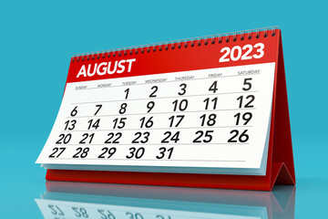 August 2023 Calendar. Isolated on Blue Background. 3D Illustration - obrazy, fototapety, plakaty