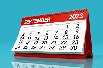 September 2023 Calendar. Isolated on Blue Background. 3D Illustration - obrazy, fototapety, plakaty