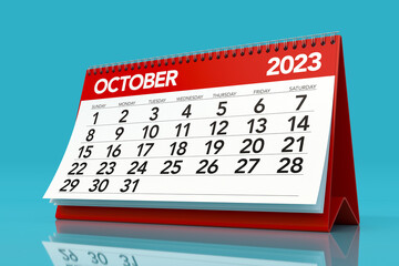 October 2023 Calendar. Isolated on Blue Background. 3D Illustration - obrazy, fototapety, plakaty