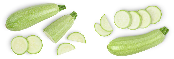 zucchini or marrow isolated on white background with full depth of field. Top view. Flat lay
