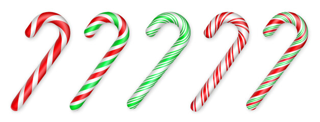 Christmas candy canes. Christmas stick set. Traditional realistic xmas candy and red, green, white stripes. Santa caramel cane. Vector illustration