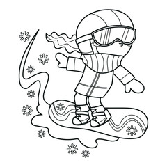 Cute girl sliding with her snowboard, winter clipart