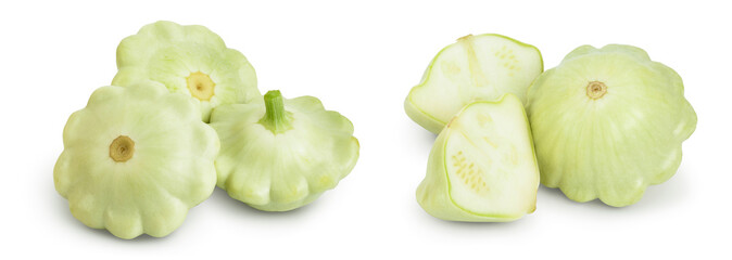 three green pattypan squash isolated on white background with full depth of field