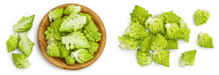 Romanesco broccoli cabbage or Roman Cauliflower isolated on white background. Top view. Flat lay