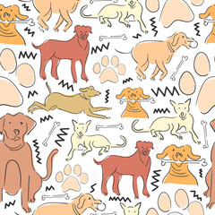 Hand drawn seamless pattern of cute dogs isolated on white background.