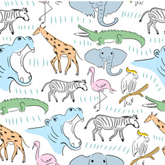 Hand drawn seamless pattern of zoo animals like crocodile, elephant, giraffe, zebra, hippopotamus, flamingo, parrot isolated on white background.
