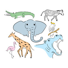Hand drawn elements of crocodile, elephant, giraffe, zebra, hippopotamus, flamingo, parrot isolated on white background.