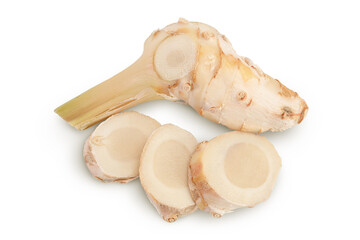 Fresh galangal root with slices isolated on white background with full depth of field. Top view. Flat lay