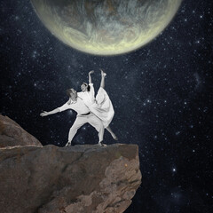 Contemporary art collage. Beautiful couple, man and woman in white clothes dancing on the cliff at...