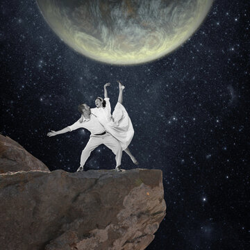 Contemporary art collage. Beautiful couple, man and woman in white clothes dancing on the cliff at starry night over big moon image