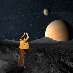 Contemporary art collage. Young man, explorer in retro costume taking photo of planets at starry...