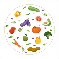 Set of healthy food macronutrients. Fiber or cellulose presented by food products. Tomatoes, peppers, zucchini, eggplant, broccoli, cabbage, carrots, peas. vector illustration of nutrition categories