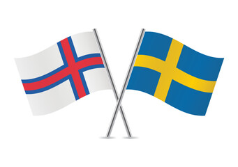 The Faroe Islands and Sweden crossed flags. Faroes and Swedish flags on white background. Vector icon set. Vector illustration.