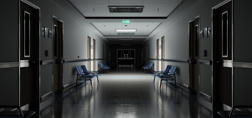 Long dark hospital corridor with rooms and seats 3D rendering. Empty accident and emergency interior with bright lights lighting the hall from the ceiling