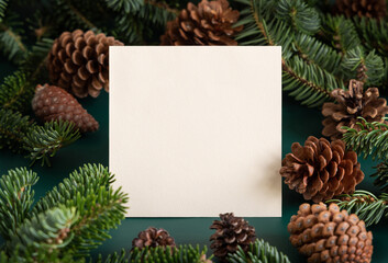 Christmas Square blank card between fir branches and pine cones on green close up