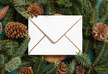 Obraz premium Christmas blank envelope between fir branches and pine cones on green top view
