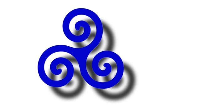 An animated video of a blue Celtic spiral with a shadow spinning across the screen from left to right, against a white background.