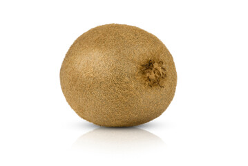Whole kiwi fruit isolated on white background with reflection.