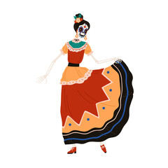 Mexican Catrina Calavera skeleton dancing in dress. Woman disguised in Katrina costume for El dia de los Muertos, Day of Dead holiday party. Flat vector illustration isolated on white background
