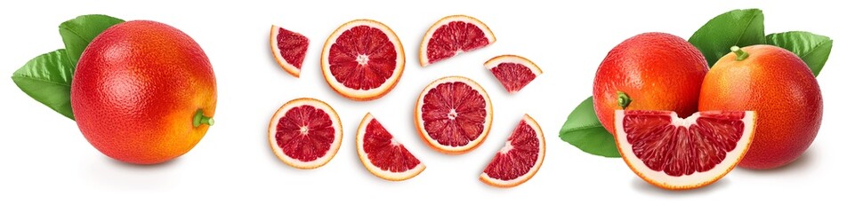 Blood red oranges isolated on white background with full depth of field. Set or collection - obrazy, fototapety, plakaty