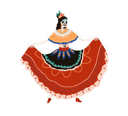 Catrina Calavera Garbancera, Mexican female skeleton of El dia de los Muertos, Day of Dead holiday. Katrina with flowers in hair dancing flamenco. Flat vector illustration isolated on white background