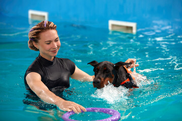 Dog in life jacket swim in the swimming pool with coach. Pet rehabilitation. Recovery training...