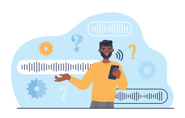 Voice assistant application. Man writes down messages, communication in social networks and messengers. Audio files, modern applications, software and programs. Cartoon flat vector illustration