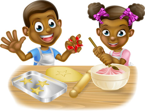 kids baking cookies, cartoon style, kitchen setting clip art preview