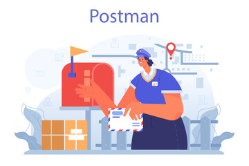 Postman profession. Post office staff providing mail service, accepting