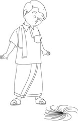 caption Festival of Lights in Hindi Deepavali or Diwali greeting card. Cartoon Indian girl and boy sky lanterns and crackers, in flat vector illustration