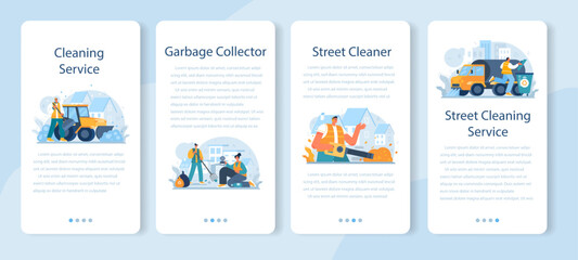 Fototapeta premium Cleaning service mobile application banner set. Cleaning staff