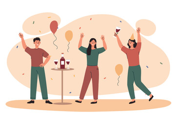 Corporate event concept. Man and women with wine, party. Holiday and event. Poster or banner for website, employees celebrate festival. Confetti and balloons. Cartoon flat vector illustration