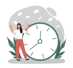 Woman with deadline. Poor time management and inefficient work. Overworked employee. Pressure and stress, panic, emotional burnout. Poster or banner for website. Cartoon flat vector illustration