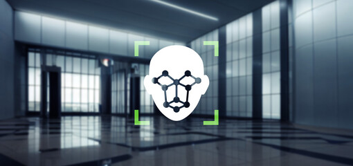 Facial recognition icon and entrance gate background. Biometrics.