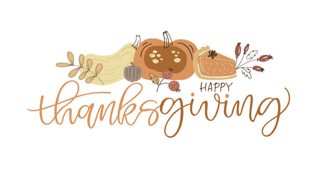 Happy thanksgiving day - Give thanks. Autumn fall pattern bakground. Thanksgiving lettering postcard.