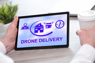 Drone delivery concept on a tablet