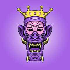 Flat cartoon illustration woman wearing oni mask