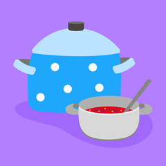 two pots of food on a purple background