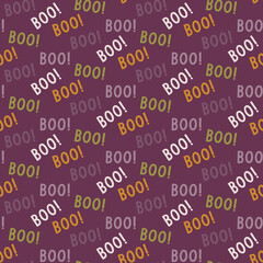 Spooky scary Halloween seamless pattern on purple violet background. Digital vector repeat pattern. Boo colourful letters.