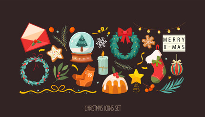 Collection of cute Christmas symbols. Vector illustration.