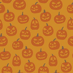 Spooky scary Halloween seamless pattern on yellow orange background. Digital vector repeat pattern. Pumpkin, pumpkins.