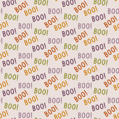 Spooky scary Halloween seamless pattern on light background. Digital vector repeat pattern. Boo colourful letters.
