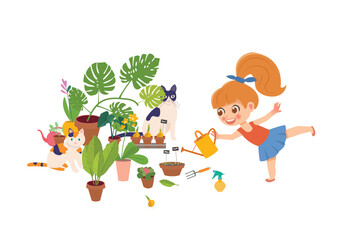 Little cute girl taking care of plants. Baby grow flowers in apartment. Little helper, household chores and routine gardening at home, watering plants. 
